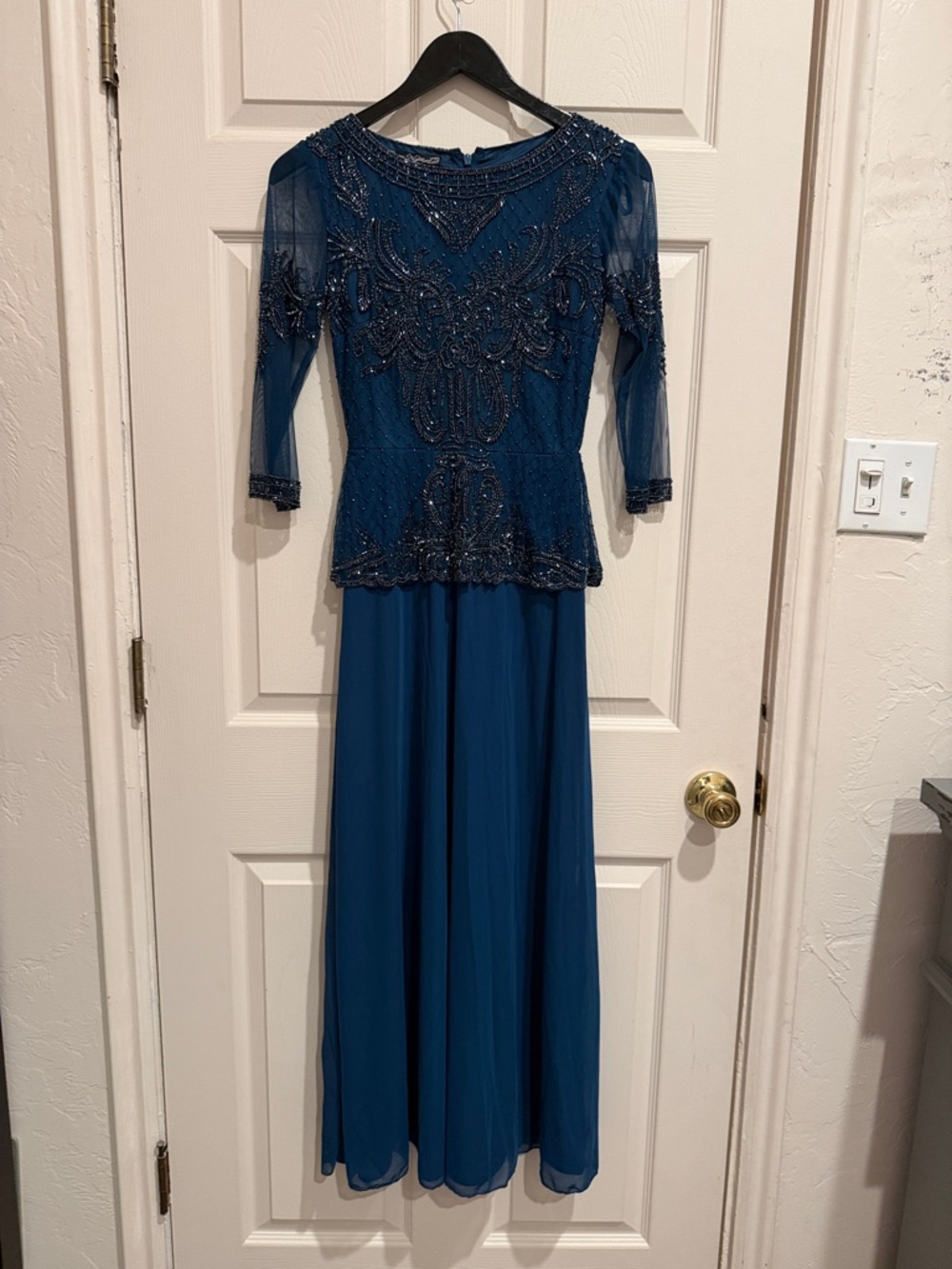 Pisarro Nights Beaded Navy Blue Long Sleeve Formal Evening Gown